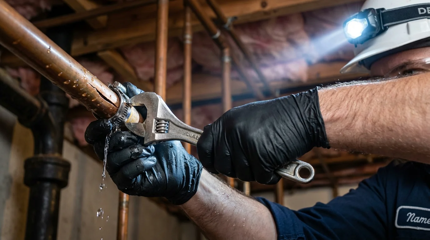Emergency pipe clamp repair being performed by a Johns Plumbing LLC plumber in Walla Walla