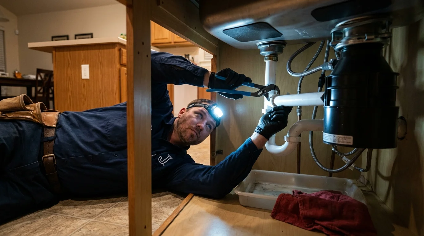 P-trap and supply line connections under a kitchen sink showing a common leak point in Walla Walla, WA